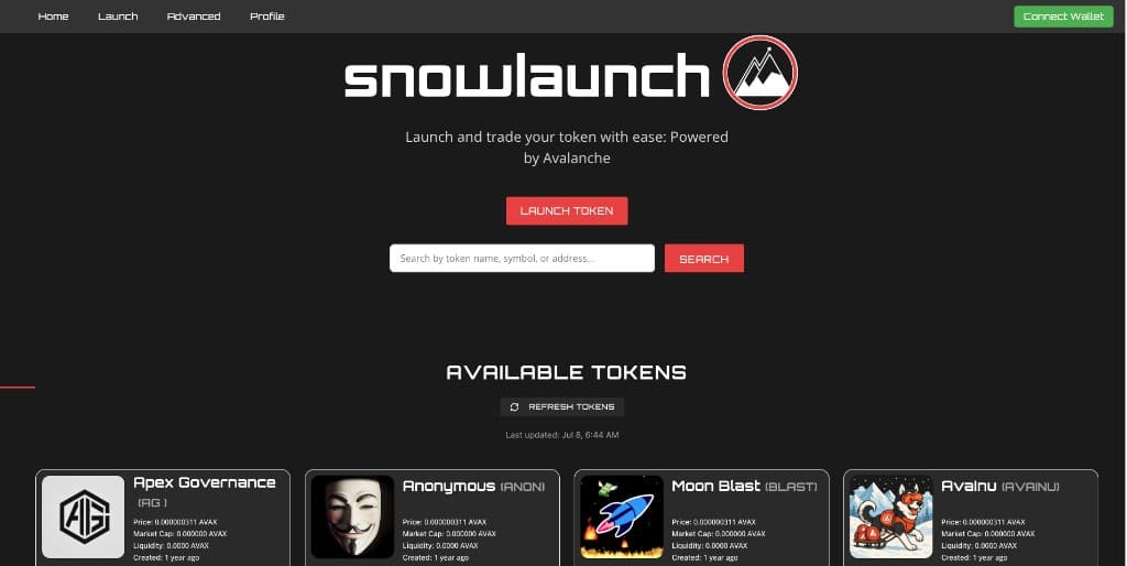 Screenshot of the Snowlaunch website